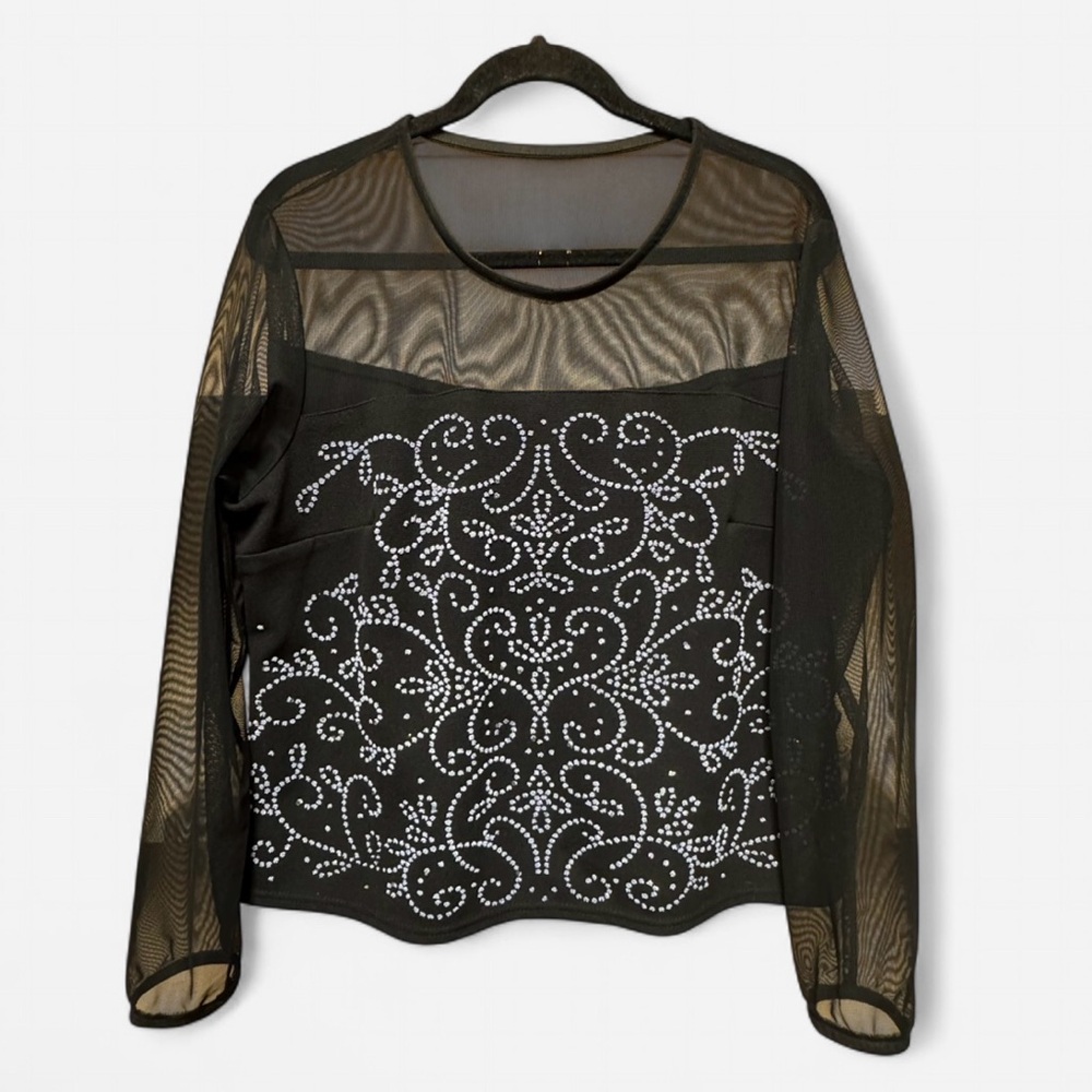 Vintage Y2K Metaphor Black Sheer Mesh Sleeve Top with Beaded Front
